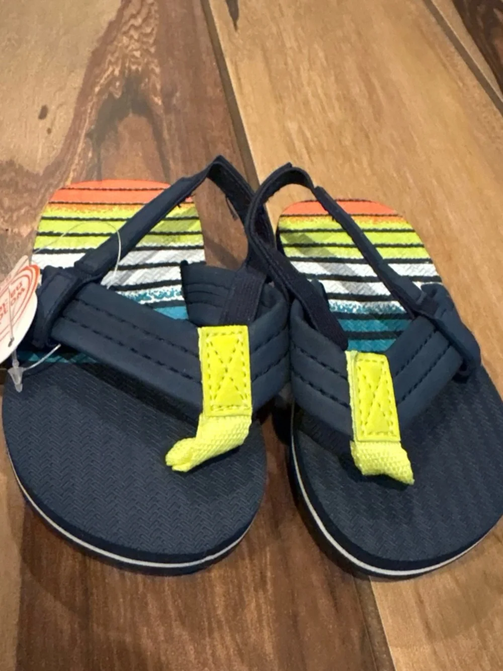 wonder nation Navy Kids Flip-Flops with Neon Orange & Yellow Stripes